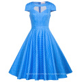 Belle Poque Frauen Hollowed Kurzarm Blaues Kleid Kleine White Dot Retro Vintage Baumwollkleid BP000008-12